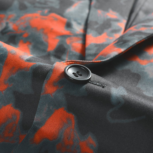 Orange # Men's slim fit orange flame printed blazer with one-button notch lapel and single-breasted closure, bold fire pattern sport coat with back center vent for party, prom, wedding and daily wear, isolated on white background.