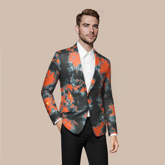 Orange # Men's slim fit orange flame printed blazer with one-button notch lapel and single-breasted closure, bold fire pattern sport coat with back center vent for party, prom, wedding and daily wear, isolated on white background.