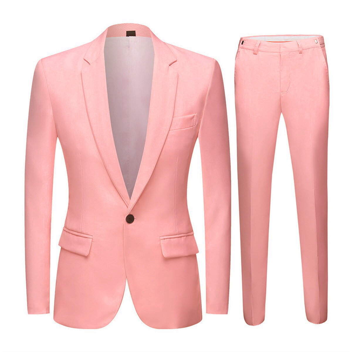 Pink # Men's slim fit 2-piece casual suit with peaked lapel and button closure, pink formal blazer jacket with four-button cuffs and matching flat-front trousers with extended waist strap and slanted side pockets, elegant polyester viscose blend suit for business, wedding, prom and daily wear, isolated on white background.