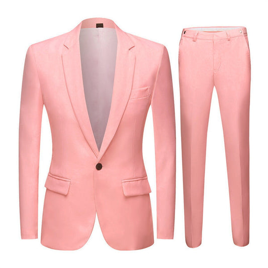 Pink # Men's slim fit 2-piece casual suit with peaked lapel and button closure, pink formal blazer jacket with four-button cuffs and matching flat-front trousers with extended waist strap and slanted side pockets, elegant polyester viscose blend suit for business, wedding, prom and daily wear, isolated on white background.