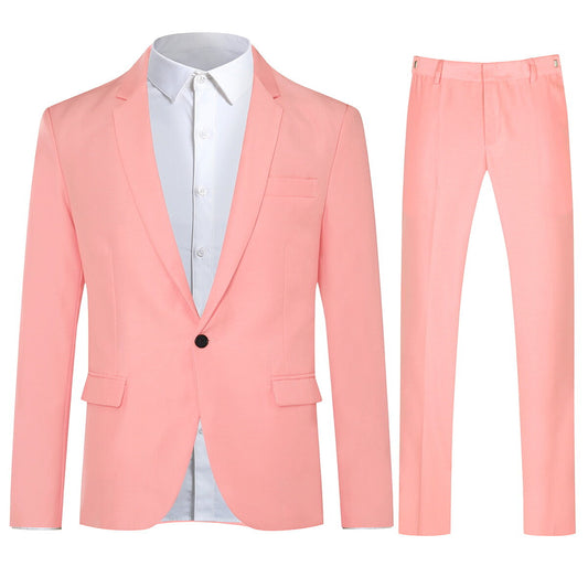 Pink # Men's slim fit 2-piece casual suit with peaked lapel and button closure, pink formal blazer jacket with four-button cuffs and matching flat-front trousers with extended waist strap and slanted side pockets, elegant polyester viscose blend suit for business, wedding, prom and daily wear, isolated on white background.