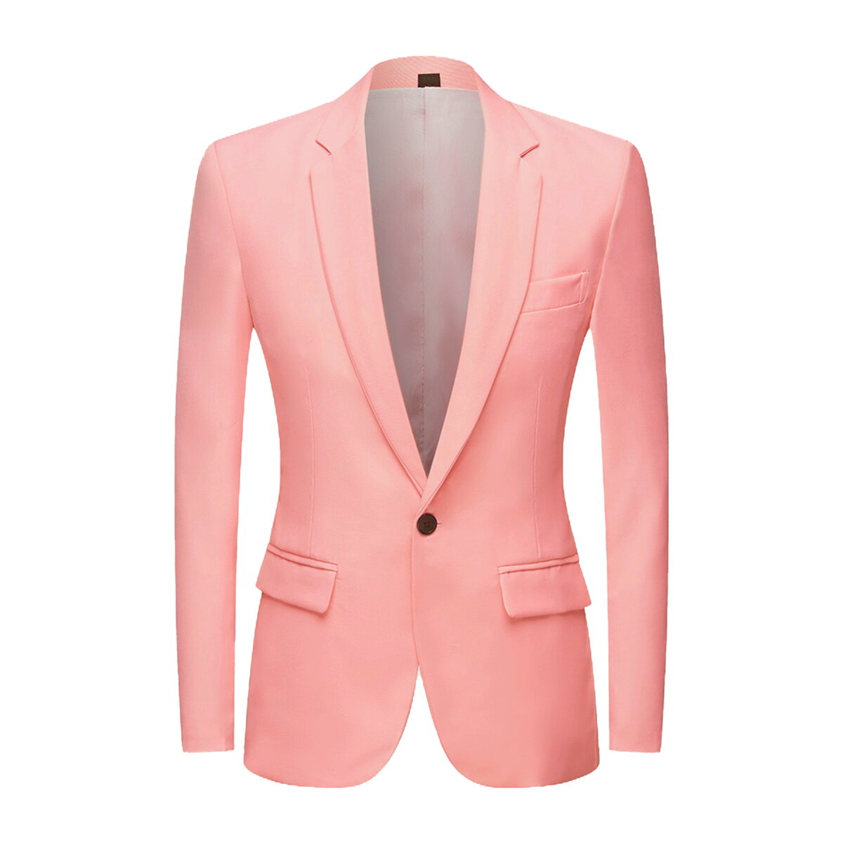 Pink # Men's slim fit 2-piece casual suit with peaked lapel and button closure, pink formal blazer jacket with four-button cuffs and matching flat-front trousers with extended waist strap and slanted side pockets, elegant polyester viscose blend suit for business, wedding, prom and daily wear, isolated on white background.