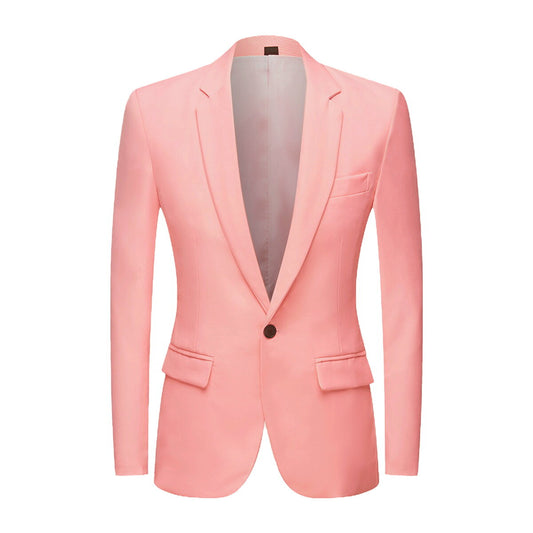 Pink # Men's slim fit 2-piece casual suit with peaked lapel and button closure, pink formal blazer jacket with four-button cuffs and matching flat-front trousers with extended waist strap and slanted side pockets, elegant polyester viscose blend suit for business, wedding, prom and daily wear, isolated on white background.