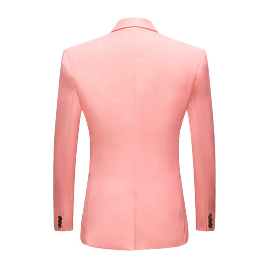 Pink # Men's slim fit 2-piece casual suit with peaked lapel and button closure, pink formal blazer jacket with four-button cuffs and matching flat-front trousers with extended waist strap and slanted side pockets, elegant polyester viscose blend suit for business, wedding, prom and daily wear, isolated on white background.