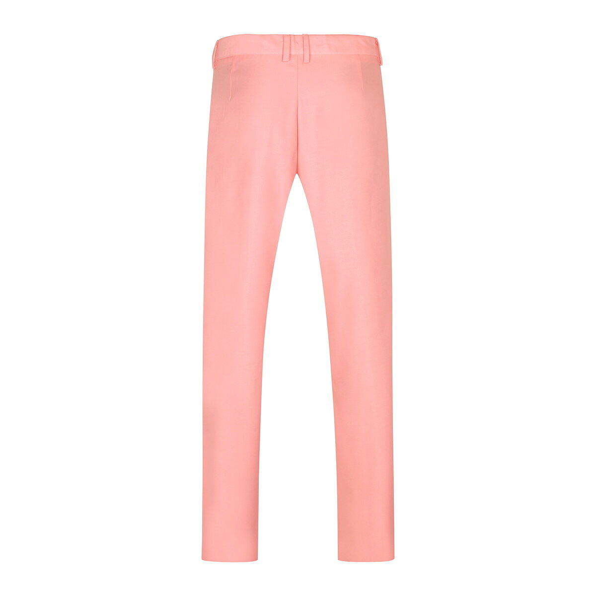 Pink # Men's slim fit 2-piece casual suit with peaked lapel and button closure, pink formal blazer jacket with four-button cuffs and matching flat-front trousers with extended waist strap and slanted side pockets, elegant polyester viscose blend suit for business, wedding, prom and daily wear, isolated on white background.