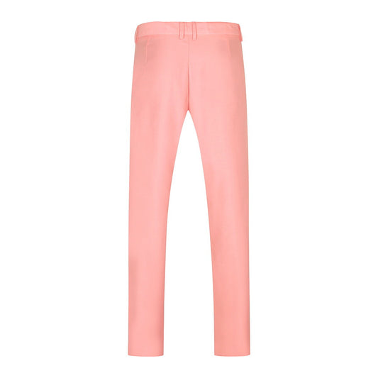 Pink # Men's slim fit 2-piece casual suit with peaked lapel and button closure, pink formal blazer jacket with four-button cuffs and matching flat-front trousers with extended waist strap and slanted side pockets, elegant polyester viscose blend suit for business, wedding, prom and daily wear, isolated on white background.