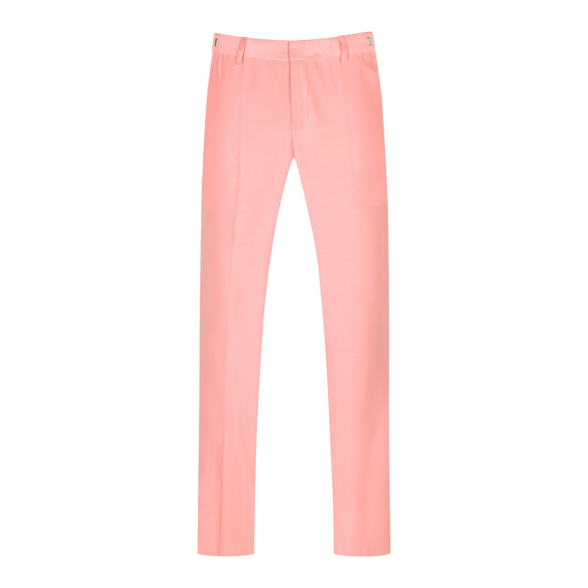 Pink # Men's slim fit 2-piece casual suit with peaked lapel and button closure, pink formal blazer jacket with four-button cuffs and matching flat-front trousers with extended waist strap and slanted side pockets, elegant polyester viscose blend suit for business, wedding, prom and daily wear, isolated on white background.