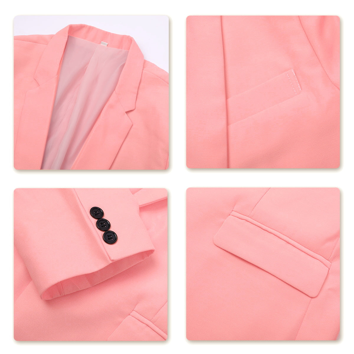 Pink # Men's slim fit 2-piece casual suit with peaked lapel and button closure, pink formal blazer jacket with four-button cuffs and matching flat-front trousers with extended waist strap and slanted side pockets, elegant polyester viscose blend suit for business, wedding, prom and daily wear, isolated on white background.