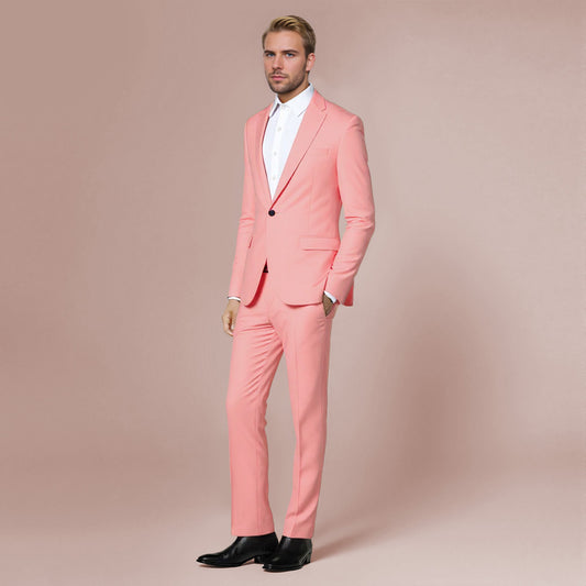 Pink # Men's slim fit 2-piece casual suit with peaked lapel and button closure, pink formal blazer jacket with four-button cuffs and matching flat-front trousers with extended waist strap and slanted side pockets, elegant polyester viscose blend suit for business, wedding, prom and daily wear, isolated on white background.