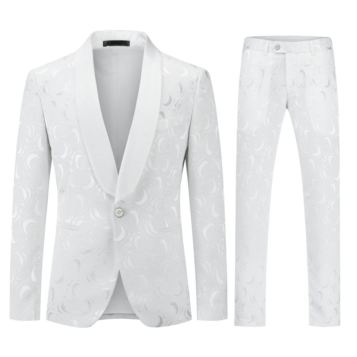 White # Men's slim fit 2-piece paisley print suit with satin peaked lapel and one-button single-breasted closure, white patterned formal blazer jacket with matching trousers, fully lined wedding suit for party, prom, dinner and special occasions, isolated on white background.