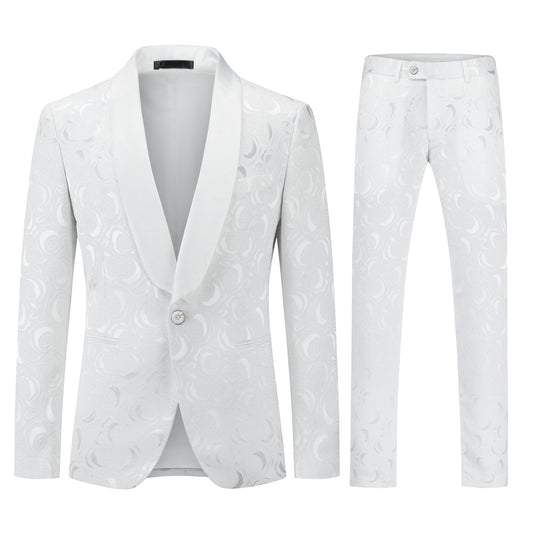 White # Men's slim fit 2-piece paisley print suit with satin peaked lapel and one-button single-breasted closure, white patterned formal blazer jacket with matching trousers, fully lined wedding suit for party, prom, dinner and special occasions, isolated on white background.