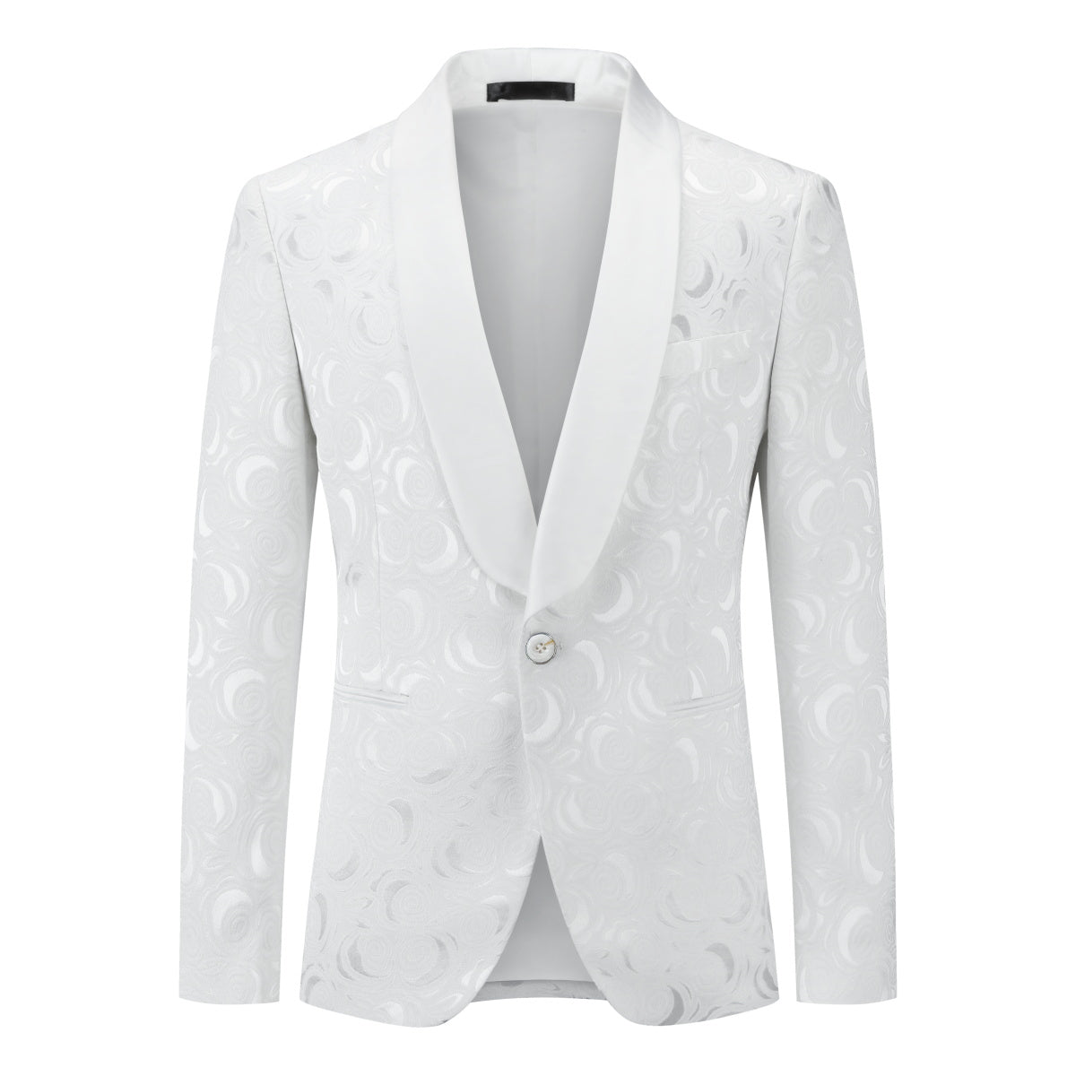 White # Men's slim fit 2-piece paisley print suit with satin peaked lapel and one-button single-breasted closure, white patterned formal blazer jacket with matching trousers, fully lined wedding suit for party, prom, dinner and special occasions, isolated on white background.