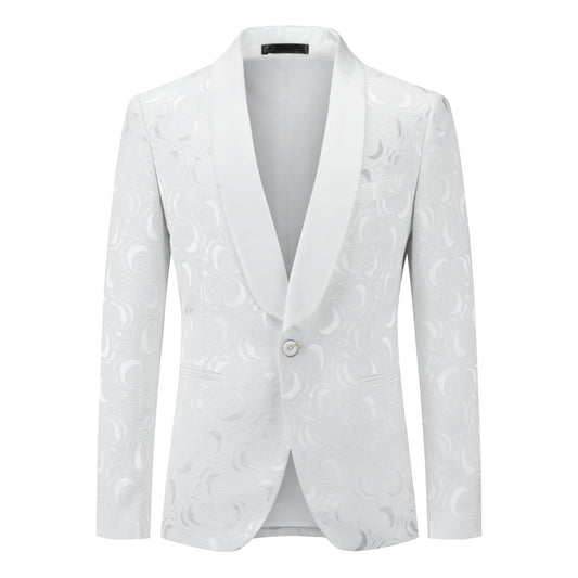 White # Men's slim fit 2-piece paisley print suit with satin peaked lapel and one-button single-breasted closure, white patterned formal blazer jacket with matching trousers, fully lined wedding suit for party, prom, dinner and special occasions, isolated on white background.