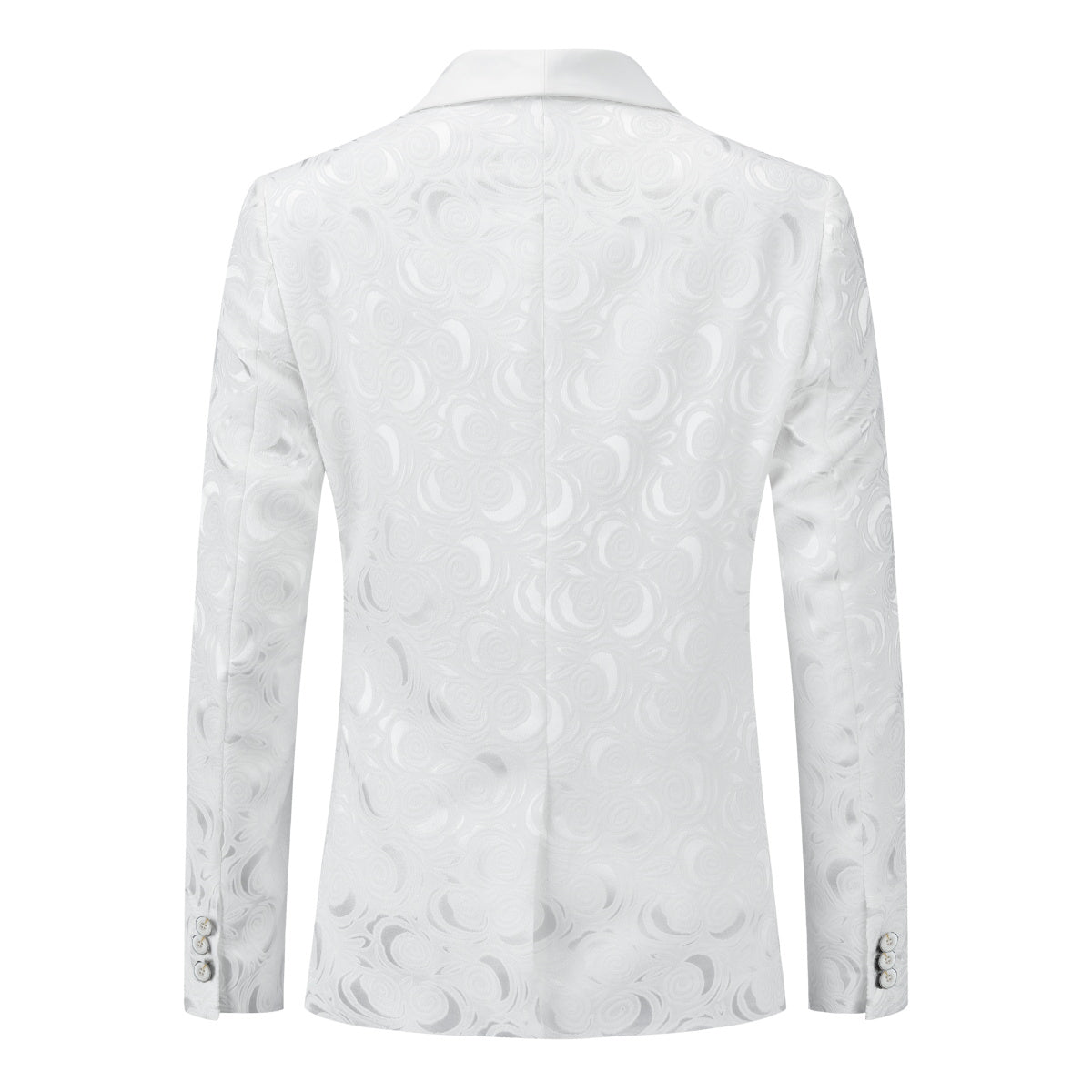 White # Men's slim fit 2-piece paisley print suit with satin peaked lapel and one-button single-breasted closure, white patterned formal blazer jacket with matching trousers, fully lined wedding suit for party, prom, dinner and special occasions, isolated on white background.