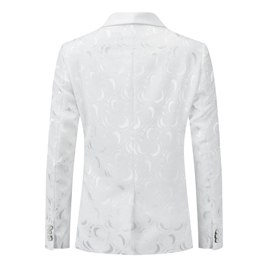 White # Men's slim fit 2-piece paisley print suit with satin peaked lapel and one-button single-breasted closure, white patterned formal blazer jacket with matching trousers, fully lined wedding suit for party, prom, dinner and special occasions, isolated on white background.