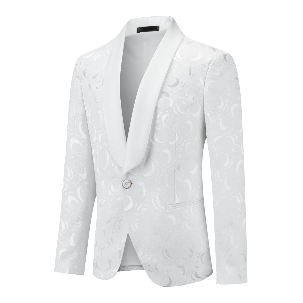 White # Men's slim fit 2-piece paisley print suit with satin peaked lapel and one-button single-breasted closure, white patterned formal blazer jacket with matching trousers, fully lined wedding suit for party, prom, dinner and special occasions, isolated on white background.