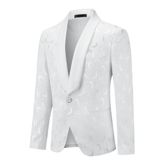 White # Men's slim fit 2-piece paisley print suit with satin peaked lapel and one-button single-breasted closure, white patterned formal blazer jacket with matching trousers, fully lined wedding suit for party, prom, dinner and special occasions, isolated on white background.