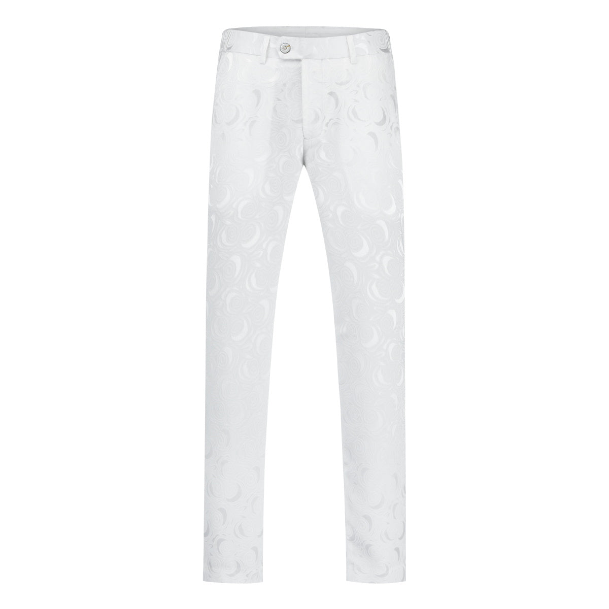 White # Men's slim fit 2-piece paisley print suit with satin peaked lapel and one-button single-breasted closure, white patterned formal blazer jacket with matching trousers, fully lined wedding suit for party, prom, dinner and special occasions, isolated on white background.
