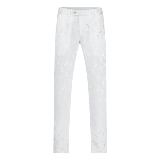 White # Men's slim fit 2-piece paisley print suit with satin peaked lapel and one-button single-breasted closure, white patterned formal blazer jacket with matching trousers, fully lined wedding suit for party, prom, dinner and special occasions, isolated on white background.
