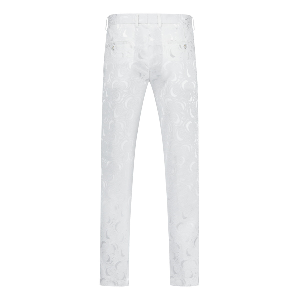 White # Men's slim fit 2-piece paisley print suit with satin peaked lapel and one-button single-breasted closure, white patterned formal blazer jacket with matching trousers, fully lined wedding suit for party, prom, dinner and special occasions, isolated on white background.