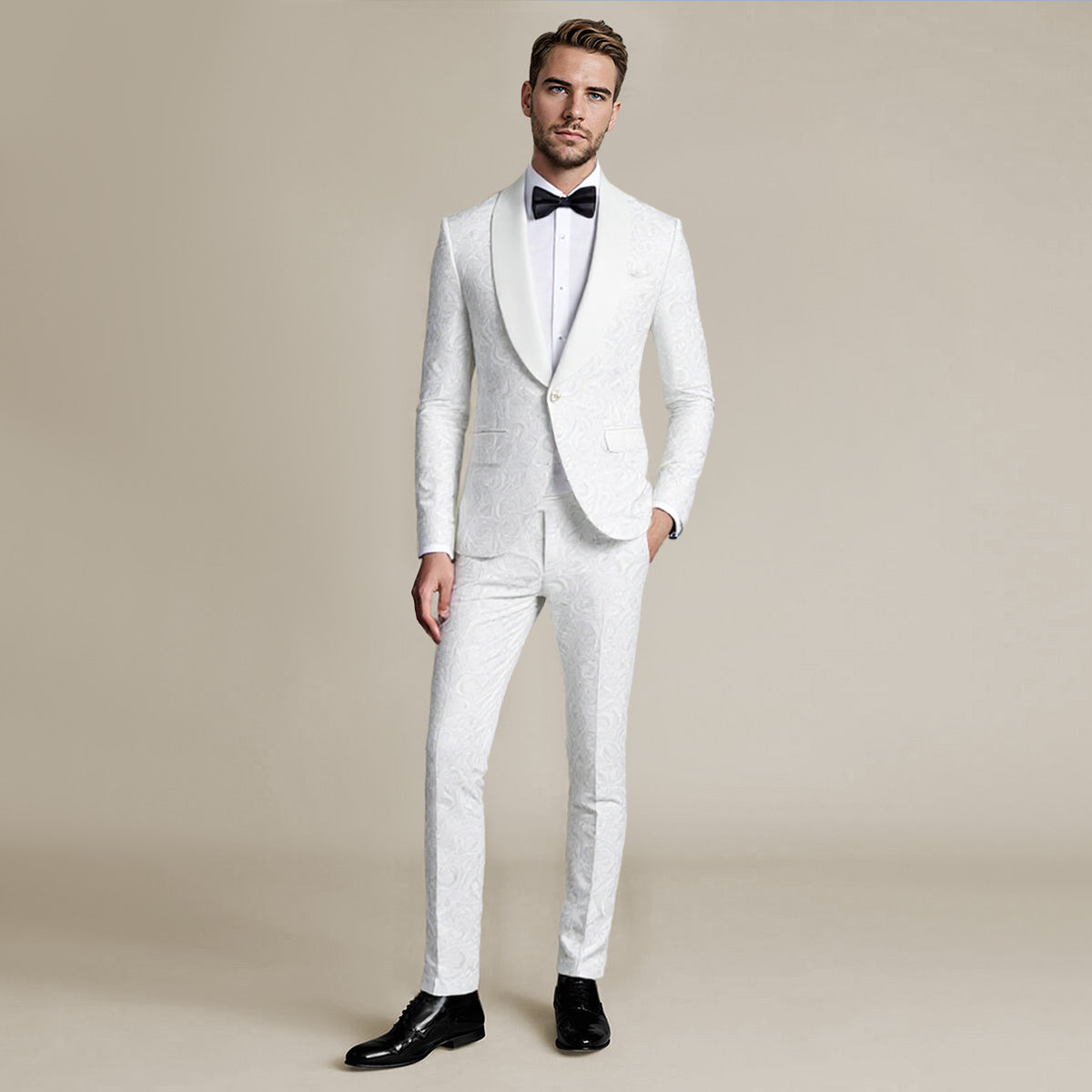White # Men's slim fit 2-piece paisley print suit with satin peaked lapel and one-button single-breasted closure, white patterned formal blazer jacket with matching trousers, fully lined wedding suit for party, prom, dinner and special occasions, isolated on white background.