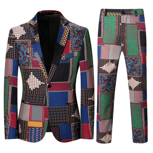 Multi-color # Men's slim fit 2-piece ethnic style print suit with two-button peaked lapel and single-breasted closure, multi-color plaid and stripe patterned blazer jacket with four-button cuffs and fully lined interior, matching flat-front trousers for party, dinner, wedding and casual formal events, isolated on white background.
