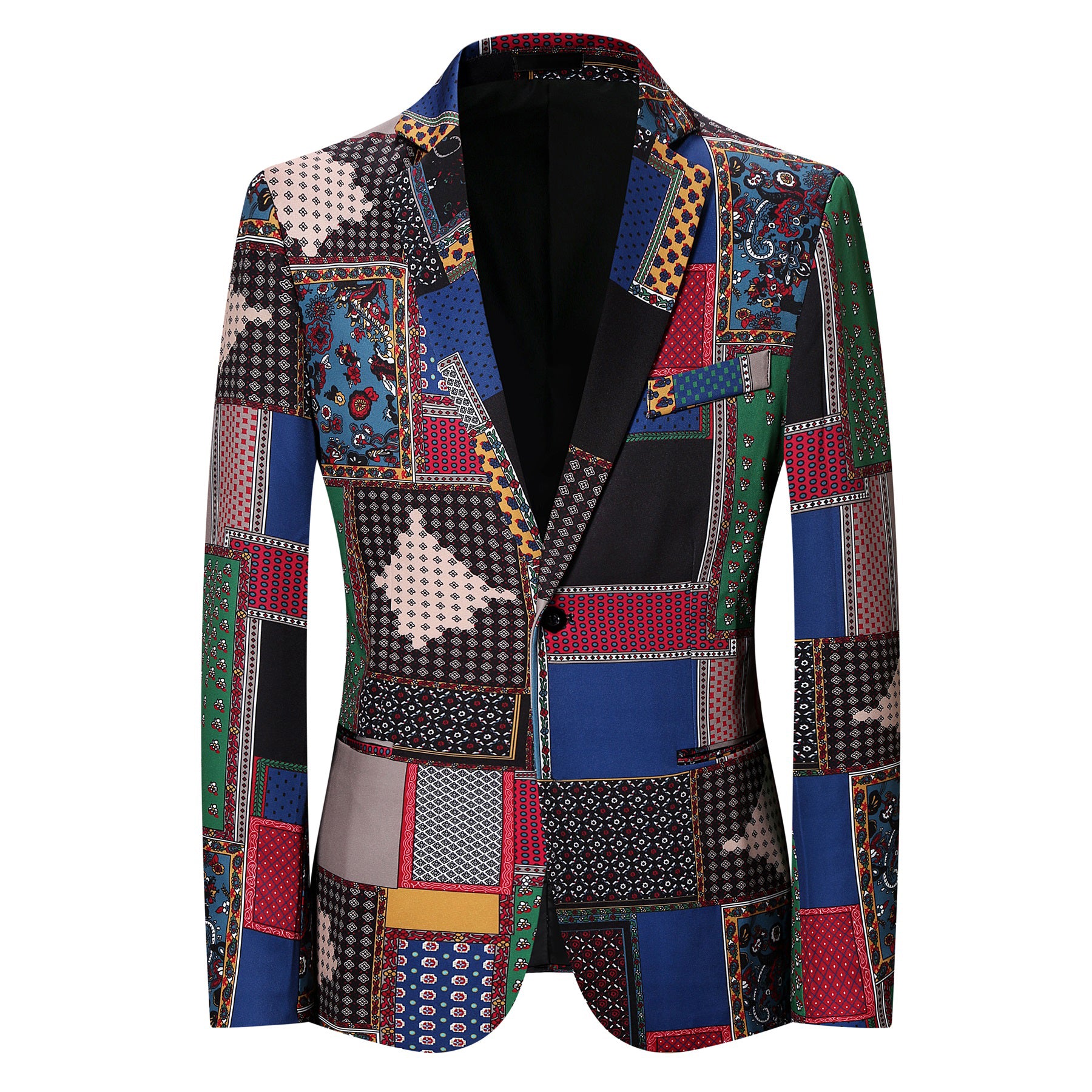 Multi-color # Men's slim fit 2-piece ethnic style print suit with two-button peaked lapel and single-breasted closure, multi-color plaid and stripe patterned blazer jacket with four-button cuffs and fully lined interior, matching flat-front trousers for party, dinner, wedding and casual formal events, isolated on white background.