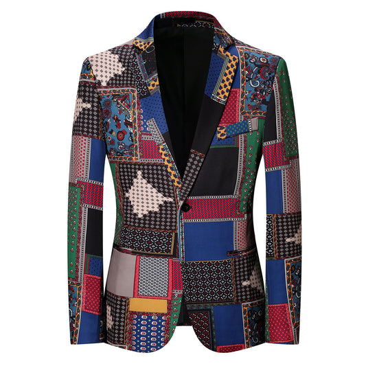 Multi-color # Men's slim fit 2-piece ethnic style print suit with two-button peaked lapel and single-breasted closure, multi-color plaid and stripe patterned blazer jacket with four-button cuffs and fully lined interior, matching flat-front trousers for party, dinner, wedding and casual formal events, isolated on white background.