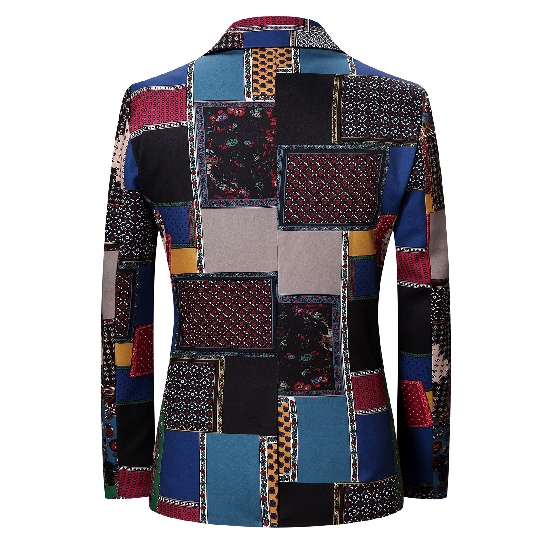 Multi-color # Men's slim fit 2-piece ethnic style print suit with two-button peaked lapel and single-breasted closure, multi-color plaid and stripe patterned blazer jacket with four-button cuffs and fully lined interior, matching flat-front trousers for party, dinner, wedding and casual formal events, isolated on white background.
