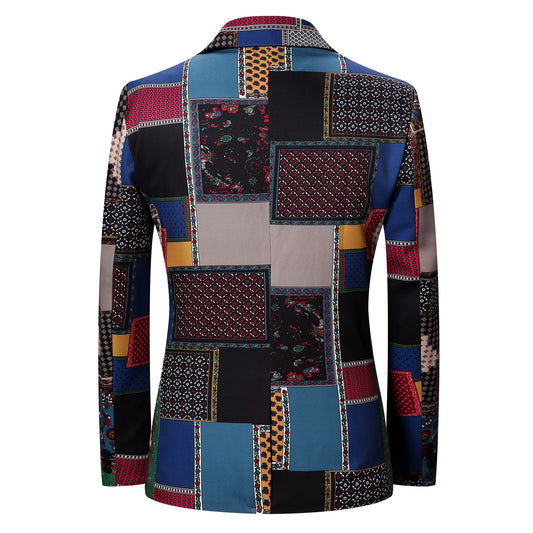 Multi-color # Men's slim fit 2-piece ethnic style print suit with two-button peaked lapel and single-breasted closure, multi-color plaid and stripe patterned blazer jacket with four-button cuffs and fully lined interior, matching flat-front trousers for party, dinner, wedding and casual formal events, isolated on white background.