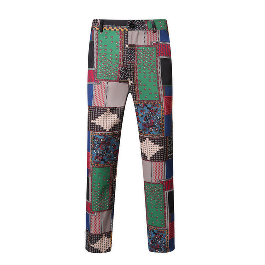 Multi-color # Men's slim fit 2-piece ethnic style print suit with two-button peaked lapel and single-breasted closure, multi-color plaid and stripe patterned blazer jacket with four-button cuffs and fully lined interior, matching flat-front trousers for party, dinner, wedding and casual formal events, isolated on white background.