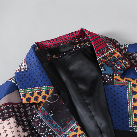 Multi-color # Men's slim fit 2-piece ethnic style print suit with two-button peaked lapel and single-breasted closure, multi-color plaid and stripe patterned blazer jacket with four-button cuffs and fully lined interior, matching flat-front trousers for party, dinner, wedding and casual formal events, isolated on white background.