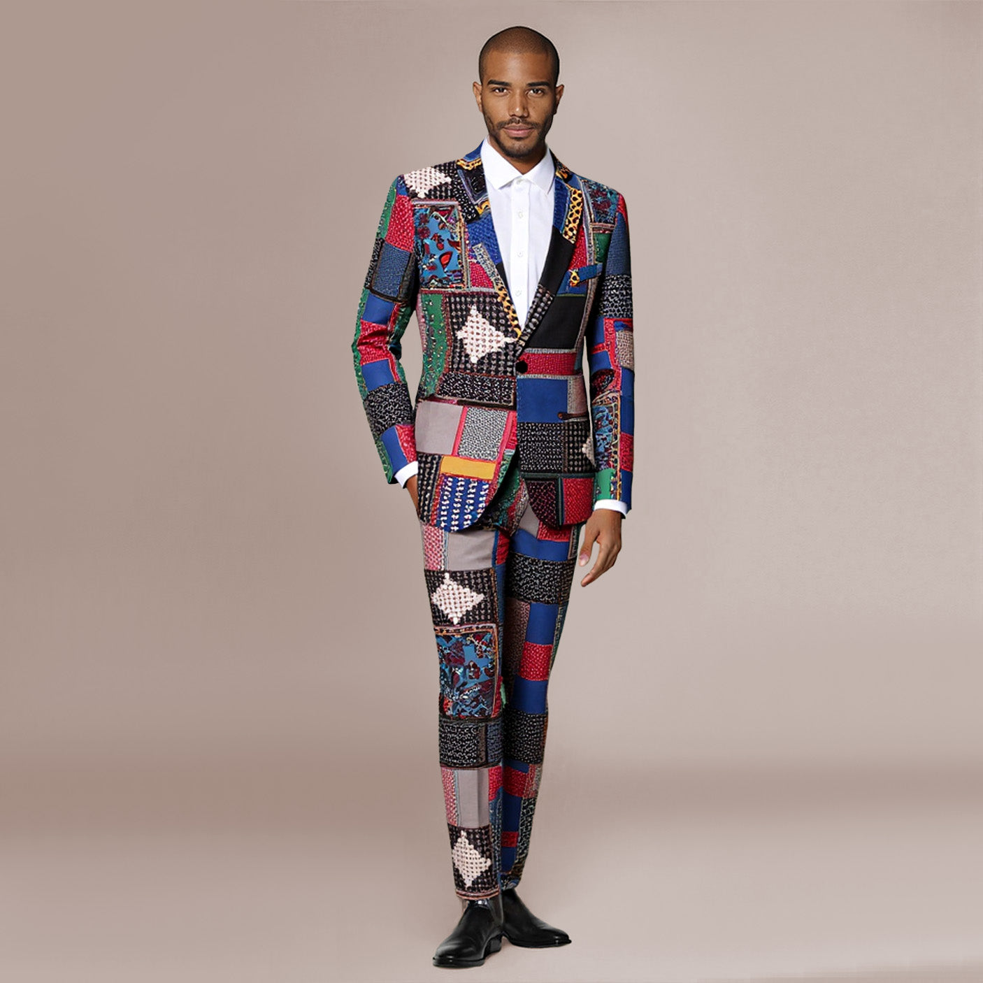 Multi-color # Men's slim fit 2-piece ethnic style print suit with two-button peaked lapel and single-breasted closure, multi-color plaid and stripe patterned blazer jacket with four-button cuffs and fully lined interior, matching flat-front trousers for party, dinner, wedding and casual formal events, isolated on white background.