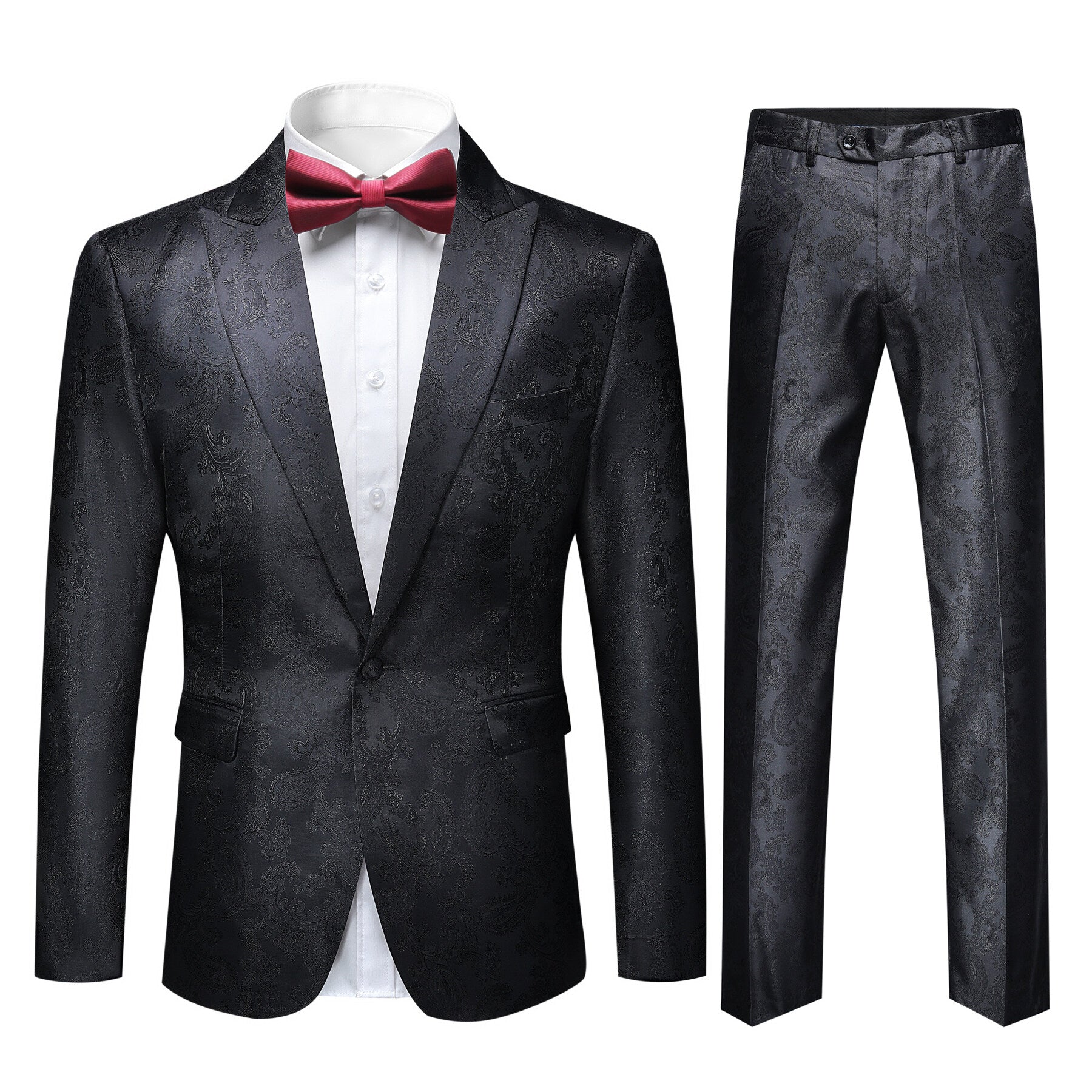 Black # Men's slim fit 2-piece paisley fashion suit with notch lapel and single-breasted button closure, black patterned formal blazer jacket with four-button cuffs and fully lined interior, matching flat-front trousers for party, wedding, prom and special occasions, isolated on white background.