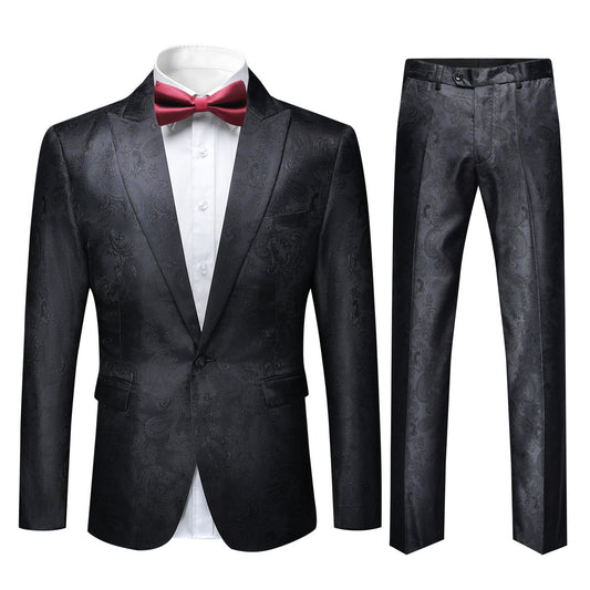 Black # Men's slim fit 2-piece paisley fashion suit with notch lapel and single-breasted button closure, black patterned formal blazer jacket with four-button cuffs and fully lined interior, matching flat-front trousers for party, wedding, prom and special occasions, isolated on white background.