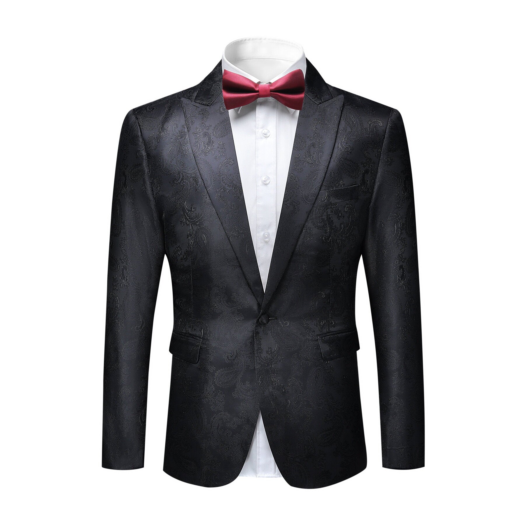Black # Men's slim fit 2-piece paisley fashion suit with notch lapel and single-breasted button closure, black patterned formal blazer jacket with four-button cuffs and fully lined interior, matching flat-front trousers for party, wedding, prom and special occasions, isolated on white background.