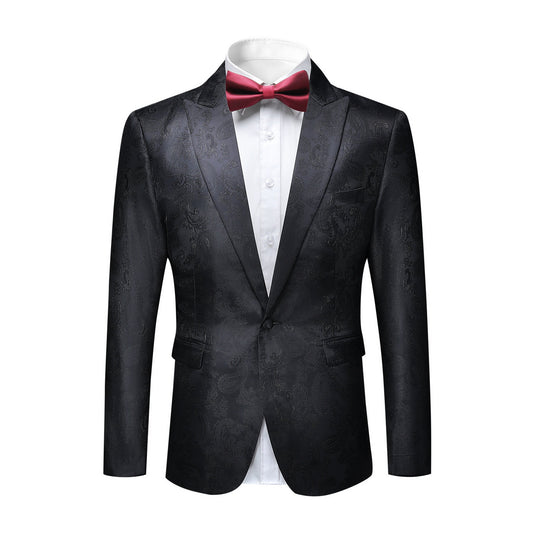 Black # Men's slim fit 2-piece paisley fashion suit with notch lapel and single-breasted button closure, black patterned formal blazer jacket with four-button cuffs and fully lined interior, matching flat-front trousers for party, wedding, prom and special occasions, isolated on white background.