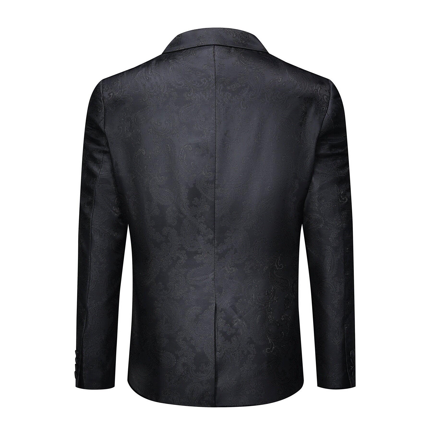 Black # Men's slim fit 2-piece paisley fashion suit with notch lapel and single-breasted button closure, black patterned formal blazer jacket with four-button cuffs and fully lined interior, matching flat-front trousers for party, wedding, prom and special occasions, isolated on white background.