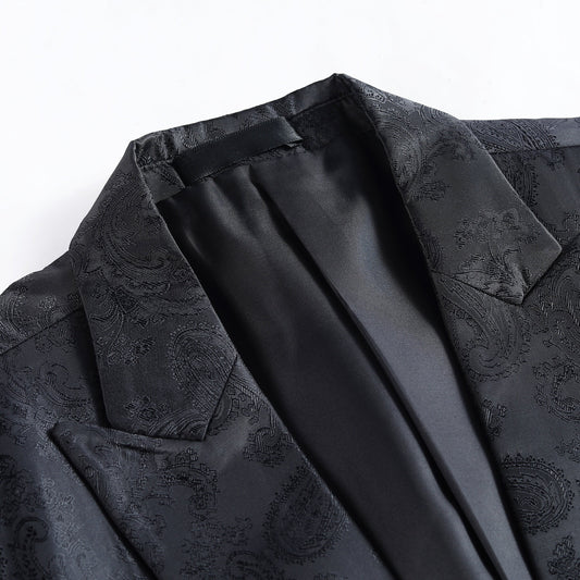Black # Men's slim fit 2-piece paisley fashion suit with notch lapel and single-breasted button closure, black patterned formal blazer jacket with four-button cuffs and fully lined interior, matching flat-front trousers for party, wedding, prom and special occasions, isolated on white background.