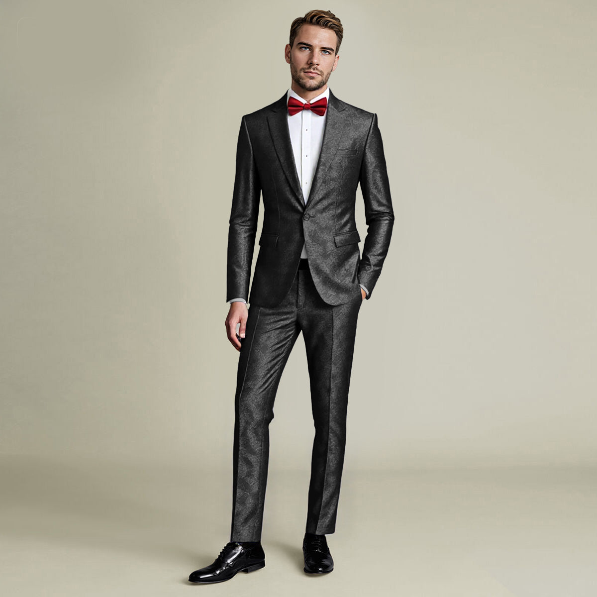 Black # Men's slim fit 2-piece paisley fashion suit with notch lapel and single-breasted button closure, black patterned formal blazer jacket with four-button cuffs and fully lined interior, matching flat-front trousers for party, wedding, prom and special occasions, isolated on white background.