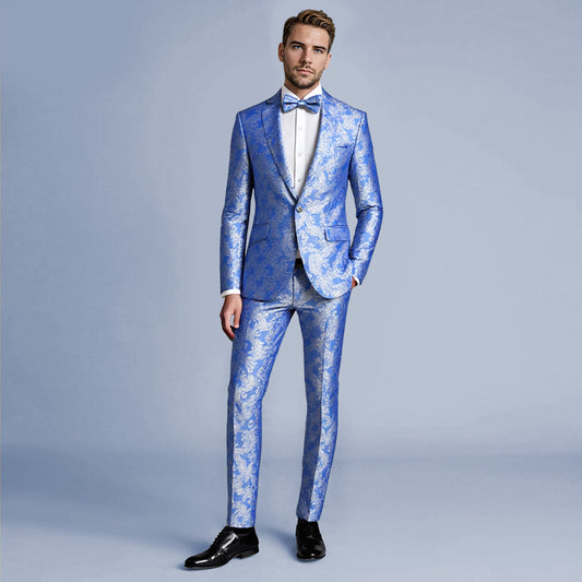 Blue # Men's slim fit 2-piece paisley fashion suit with notched lapel and single-breasted button closure, blue patterned formal blazer jacket with four-button cuffs and fully lined interior, matching flat-front trousers for party, wedding, prom and special occasions, isolated on white background.