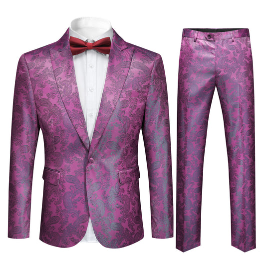 Fuchsia # Men's slim fit 2-piece paisley fashion suit with notch lapel and single-breasted button closure, fuchsia patterned formal blazer jacket with four-button cuffs and fully lined interior, matching flat-front trousers for party, wedding, prom and special occasions, isolated on white background.