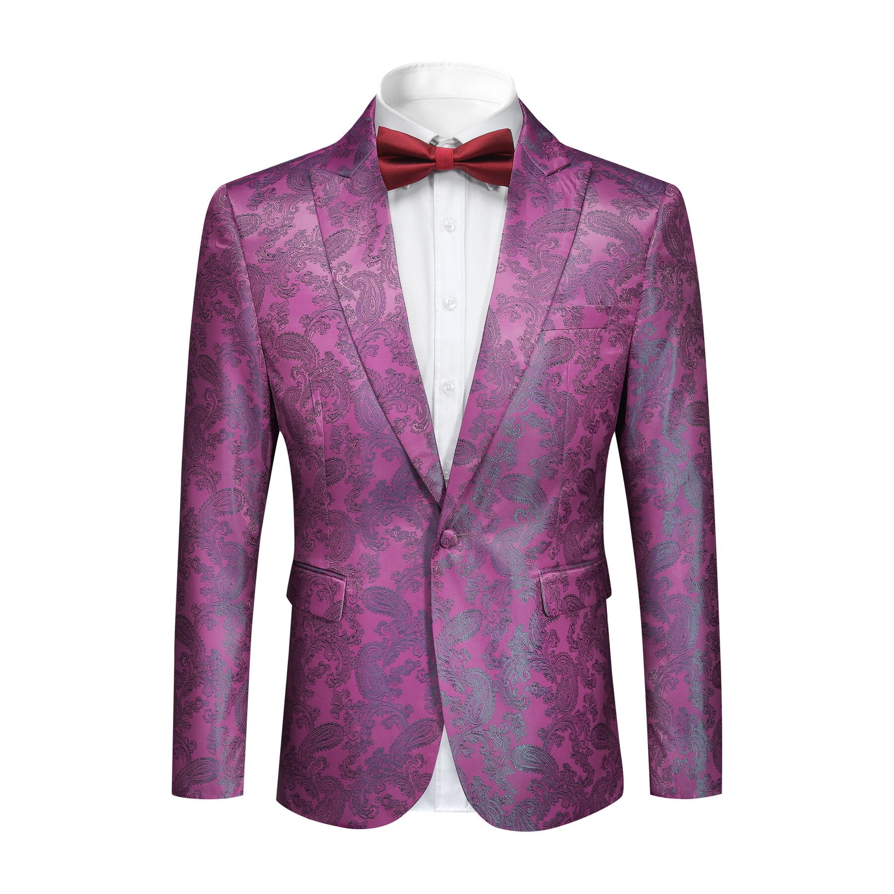 Fuchsia # Men's slim fit 2-piece paisley fashion suit with notch lapel and single-breasted button closure, fuchsia patterned formal blazer jacket with four-button cuffs and fully lined interior, matching flat-front trousers for party, wedding, prom and special occasions, isolated on white background.