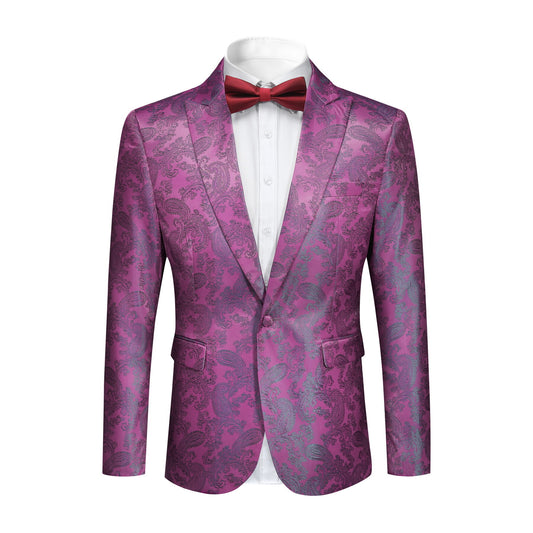 Fuchsia # Men's slim fit 2-piece paisley fashion suit with notch lapel and single-breasted button closure, fuchsia patterned formal blazer jacket with four-button cuffs and fully lined interior, matching flat-front trousers for party, wedding, prom and special occasions, isolated on white background.