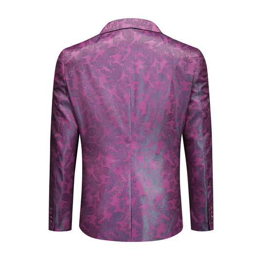 Fuchsia # Men's slim fit 2-piece paisley fashion suit with notch lapel and single-breasted button closure, fuchsia patterned formal blazer jacket with four-button cuffs and fully lined interior, matching flat-front trousers for party, wedding, prom and special occasions, isolated on white background.