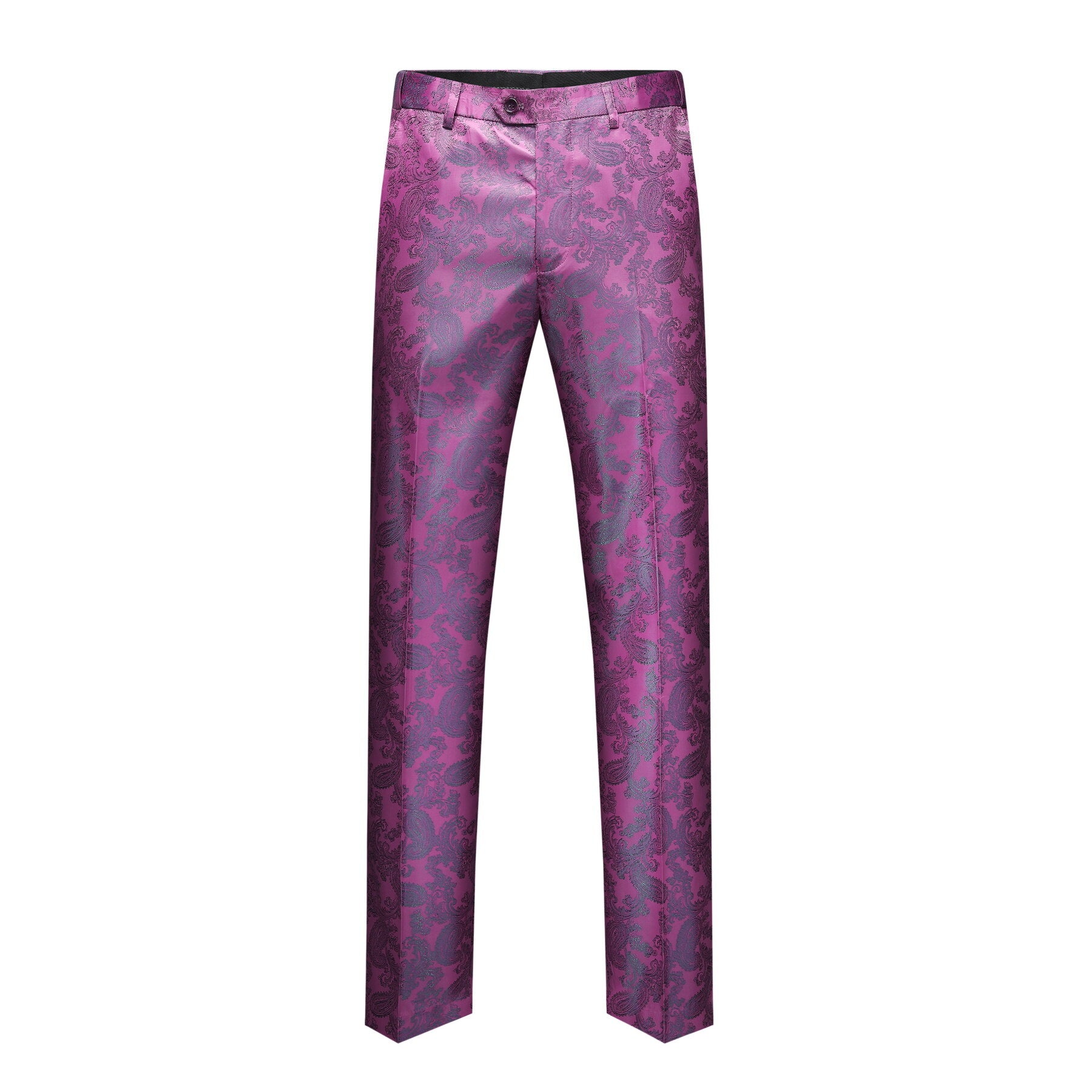 Fuchsia # Men's slim fit 2-piece paisley fashion suit with notch lapel and single-breasted button closure, fuchsia patterned formal blazer jacket with four-button cuffs and fully lined interior, matching flat-front trousers for party, wedding, prom and special occasions, isolated on white background.