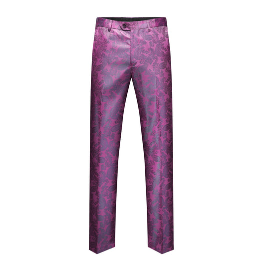 Fuchsia # Men's slim fit 2-piece paisley fashion suit with notch lapel and single-breasted button closure, fuchsia patterned formal blazer jacket with four-button cuffs and fully lined interior, matching flat-front trousers for party, wedding, prom and special occasions, isolated on white background.