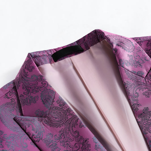 Fuchsia # Men's slim fit 2-piece paisley fashion suit with notch lapel and single-breasted button closure, fuchsia patterned formal blazer jacket with four-button cuffs and fully lined interior, matching flat-front trousers for party, wedding, prom and special occasions, isolated on white background.