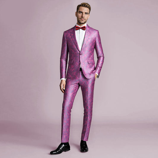 Fuchsia # Men's slim fit 2-piece paisley fashion suit with notch lapel and single-breasted button closure, fuchsia patterned formal blazer jacket with four-button cuffs and fully lined interior, matching flat-front trousers for party, wedding, prom and special occasions, isolated on white background.