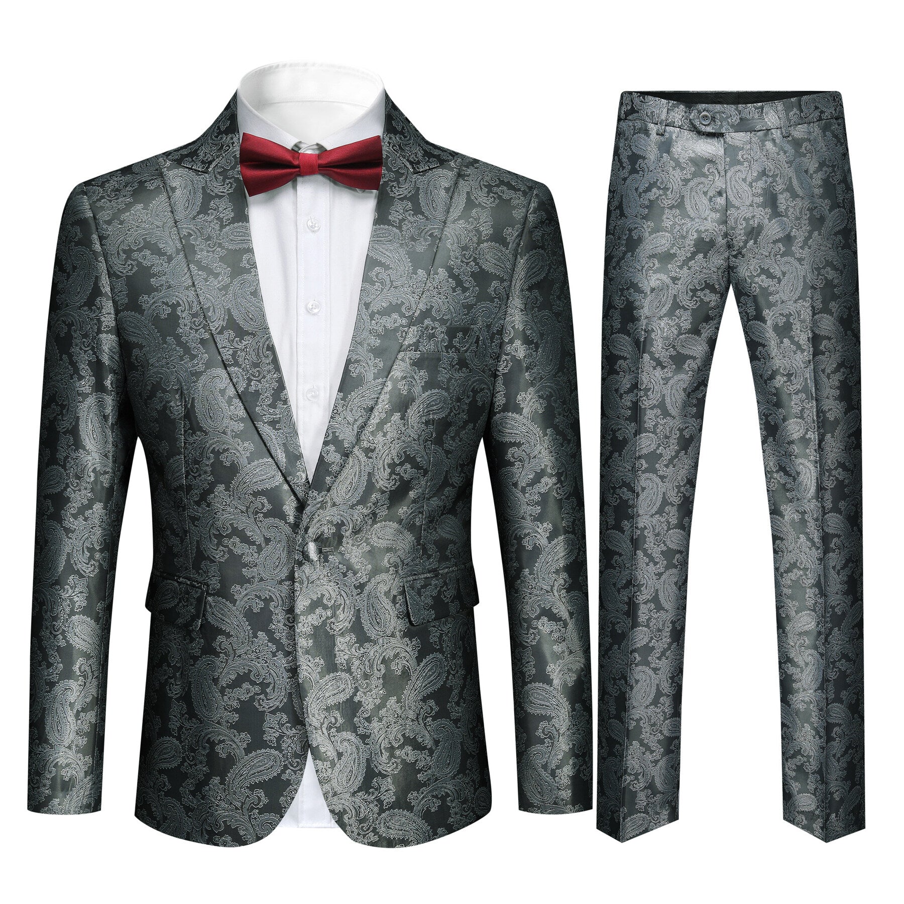 Grey # Men's slim fit 2-piece paisley fashion suit with notched lapel and single-breasted button closure, grey patterned formal blazer jacket with four-button cuffs and fully lined interior, matching flat-front trousers for party, wedding, prom and special occasions, isolated on white background.